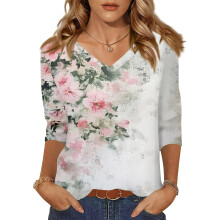 Women 3/4 Sleeve V-Neck Casual Outing Shirt Loose-light gray XL