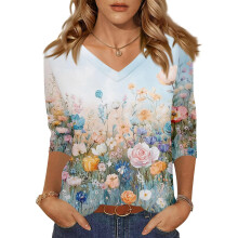 Women 3/4 Sleeve V-Neck Casual Outing Shirt Loose Fit-Blue XL