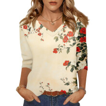 Women 3/4 Sleeve V-Neck Casual Outing Shirt Loose Fit-Beige M