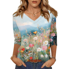 Women 3/4 Sleeve V-Neck Casual Outing Shirt Loose-light blue XL