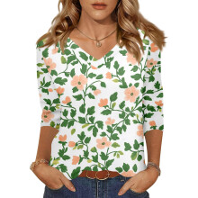 Women 3/4 Sleeve V-Neck Casual Outing Shirt Loose Fit-Green XL