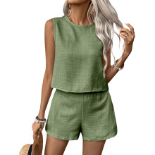 Women's two-piece vacation sleeveless vest and shorts-Green XS