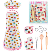 Juego de cocina infantil de 11 piezas con delantal, gorro de chef y utensilios.