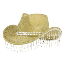Goldener Pailletten-Cowboyhut mit Quasten und Anhängern – Eins