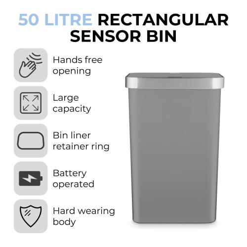 Tower Tower Rectangular ABS Sensor Bin with Bin Liner Retainer Ring, 50L, Grey T838028GRY 1