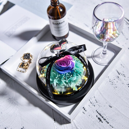 Rose préservée avec éclairage LED sous dôme de verre 1