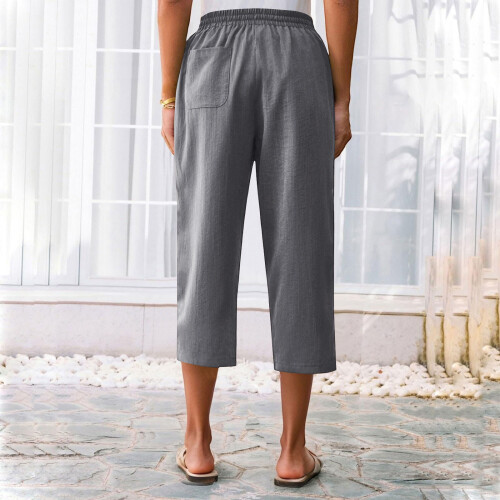 Women's linen pants, comfortable stretch  drawstring-Yellow S 2