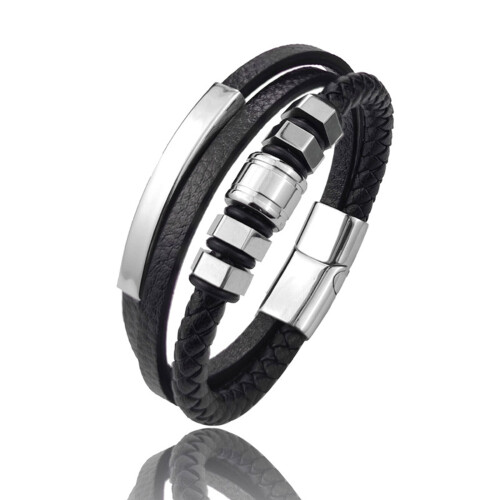 Schwarzes Lederarmband mit Edelstahlverschluss