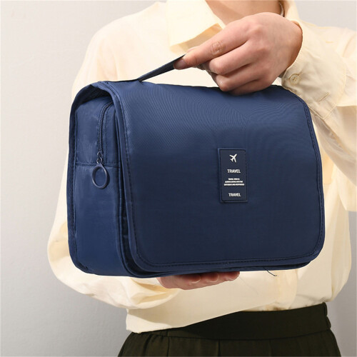 Beauty case blu navy da appendere con ganci pieghevoli