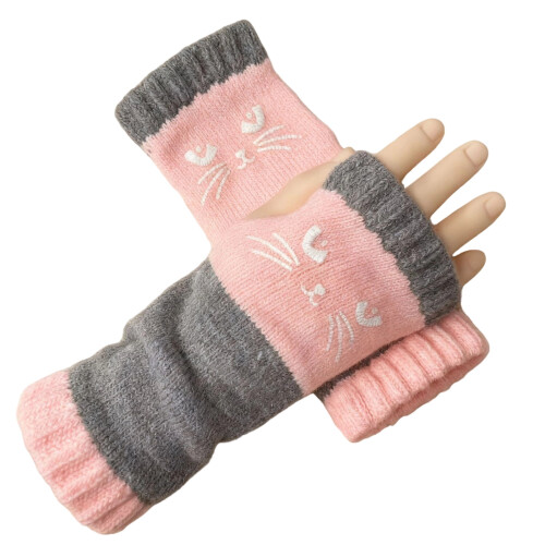 Gants tricotés sans doigts patchwork brodés de chat 1