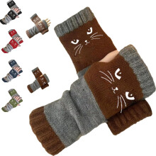 Damen-Strickhandschuhe ohne Finger mit Katzenstickerei