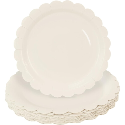 Elfenbensfärgade vågiga papperstallrikar 23 cm 25 st