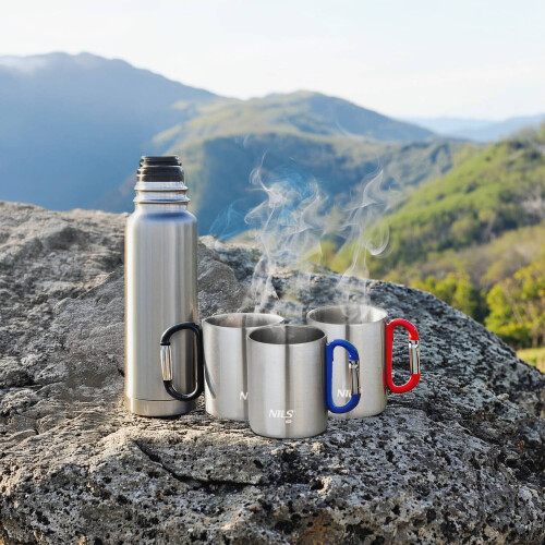 Campingbecher, Karabiner, 300ml Edelstahl, Blau 1
