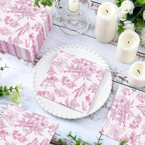 Pink blomsterpapirservietter, 200 stk. 1