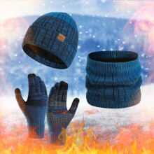 Winterstrickset für Erwachsene, farblich abgesetzt, blau, 3-teilig