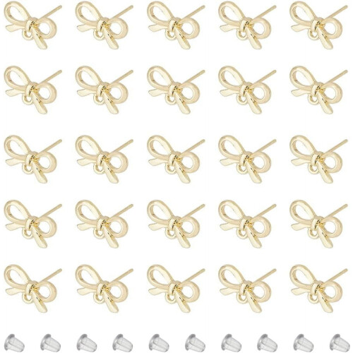 Componenti per orecchini a perno con fiocco color oro chiaro, 50 pezzi