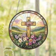 Osterkreuz aus Acryl für Fenster, rund, künstlich gebeizt