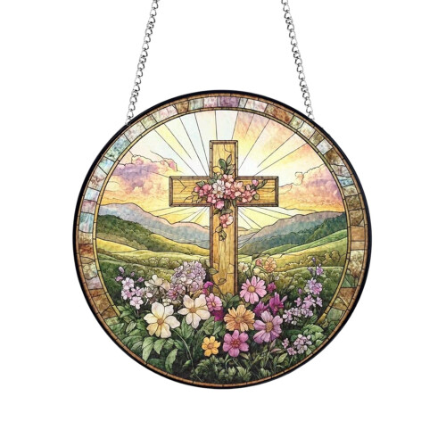 Påskekors akryl vindusoppheng, rundt kunstfarget 1