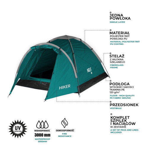 Green Camping Tent for Hikers, 2-Person Capacity 2