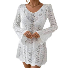 See Through Crochet Beach Cover Up Dress Casual Loose-White XL