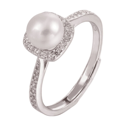 Anillo ajustable de perlas en plata 925 con circonitas.