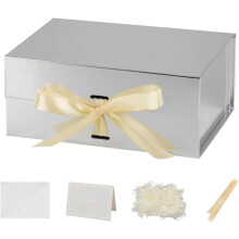 Caja de regalo magnética plateada de 9,5 x 7 x 4 pulgadas – Lujosa y plegable