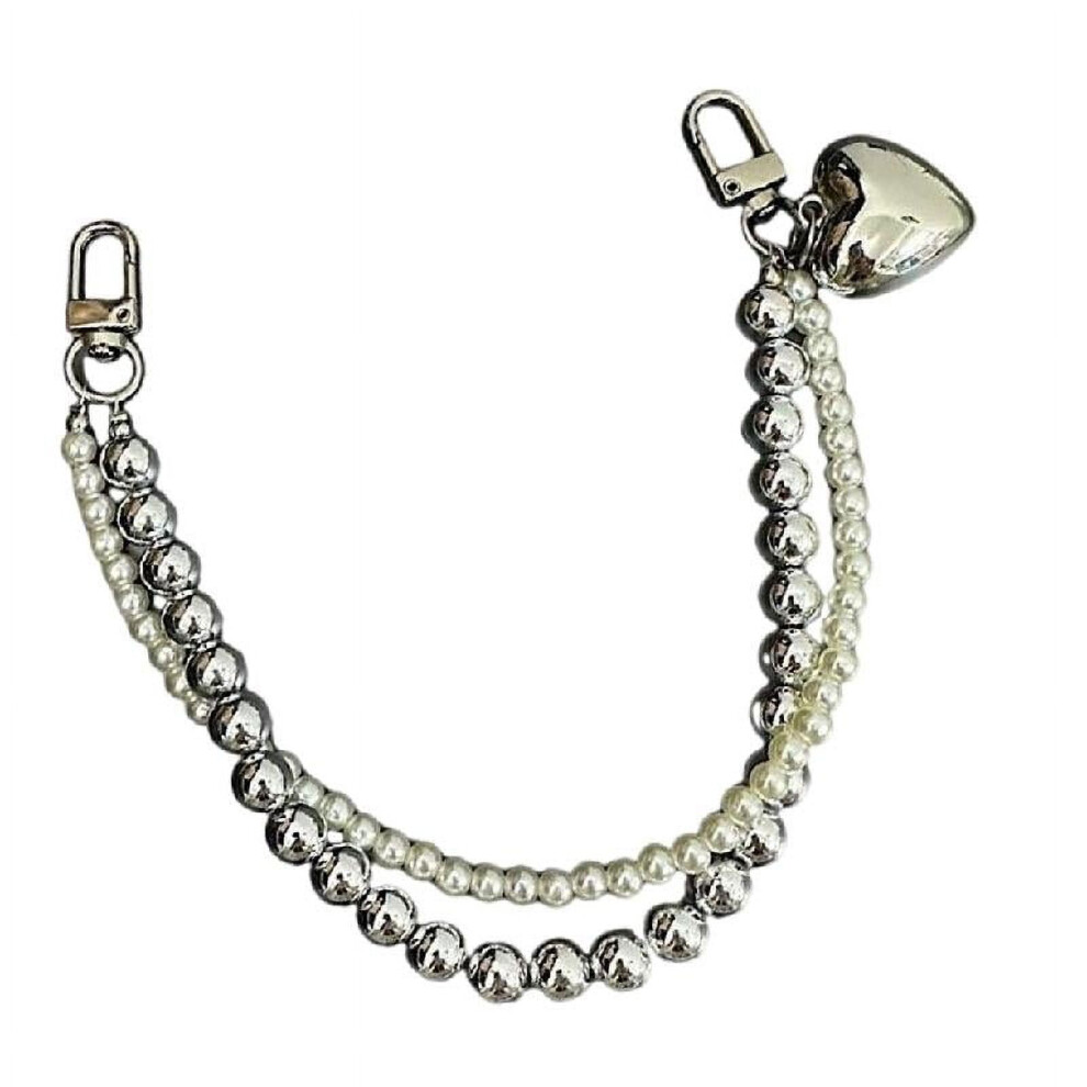 Pearls And Heart Phone Charm Pvc Double Chain 18Cm Silver 9384370269047