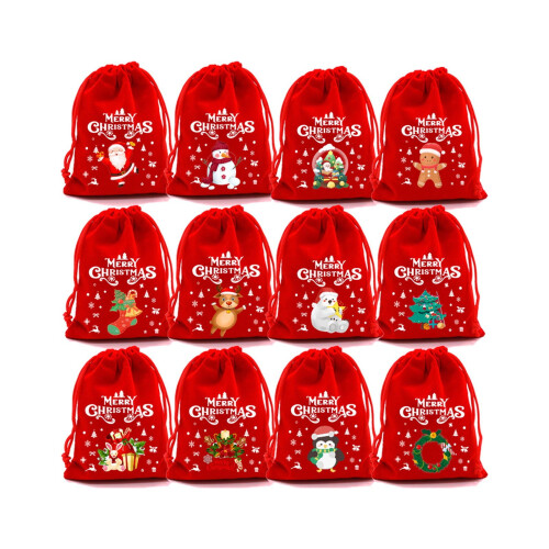 12 Sacolas de Presente de Natal de Pelúcia com Cordão