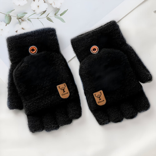 Gestrickte fingerlose Handschuhe mit Klappe, schwarz 1
