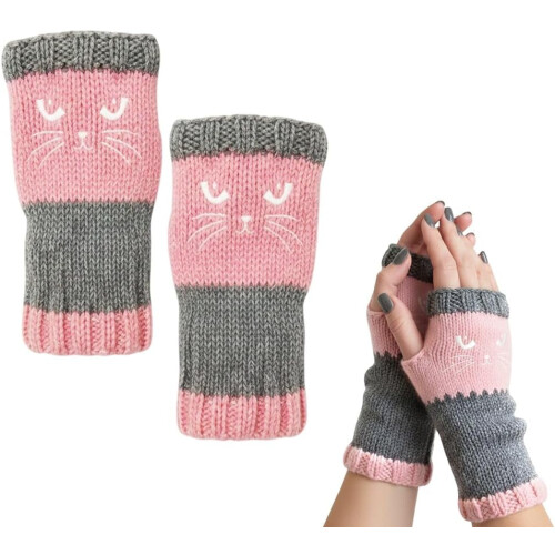 Luvas femininas de tricô sem dedos com bordado de gato, 1