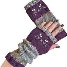 Damen-Strickhandschuhe mit Katzenmotiv, fingerlos, 1 Paar