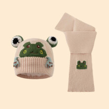 Kids' Frog-Embroidered Knitted Hat & Scarf Set
