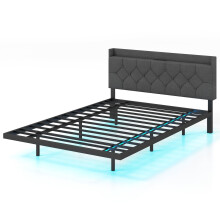Cadre de lit plateforme flottant avec éclairage LED, tête de lit réglable, ports de charge, gris