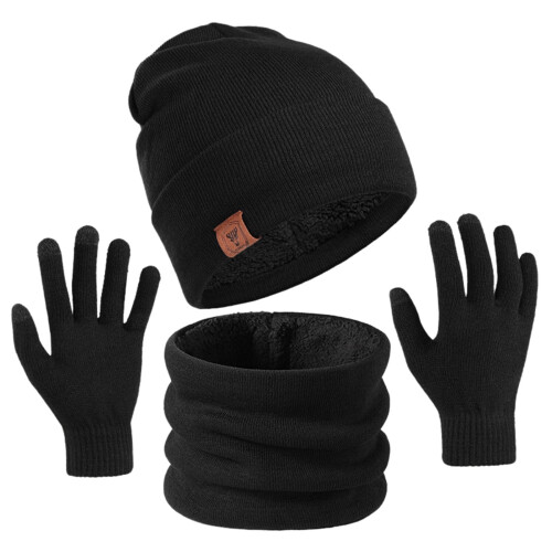 Set unisex composto da cappello, sciarpa e guanti in maglia.