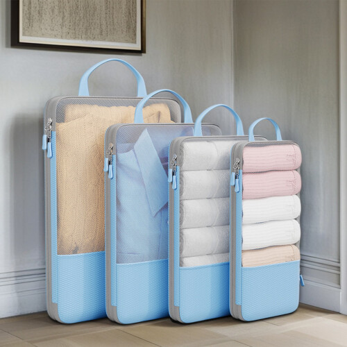 Set di 4 cubi per la compressione dei bagagli da viaggio, colore azzurro cielo.