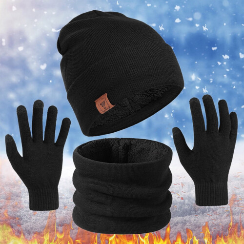 Set unisex composto da cappello, sciarpa e guanti in maglia. 1