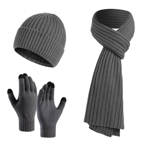 Conjunto de gorro, cachecol e luvas de tricô cinza (3 peças) 1