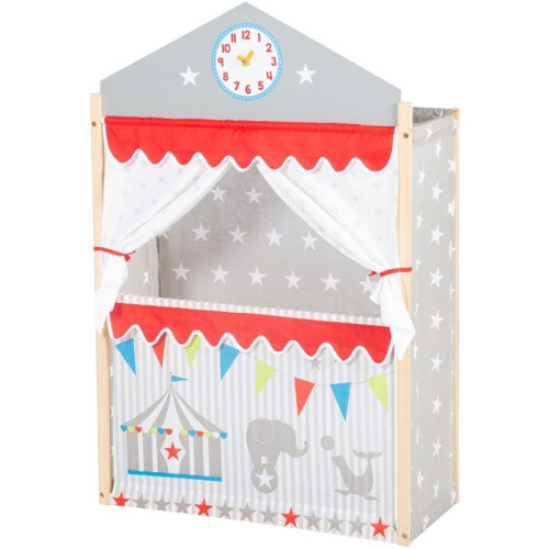 Puppet Theater - ROBA - Solid Wood Frame - Gray / Red - Clock with Hands
