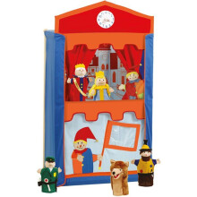 Wood and fabric puppet theater - ROBA - With 6 hand puppets - Red / Blue / Orange