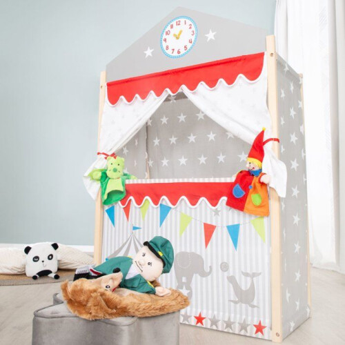 Puppet Theater - ROBA - Solid Wood Frame - Gray / Red - Clock with Hands 1