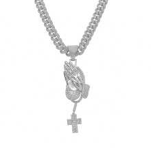 Halskette mit Anhänger in Form von betenden Händen und Kreuz, 13 mm kubanische Kette