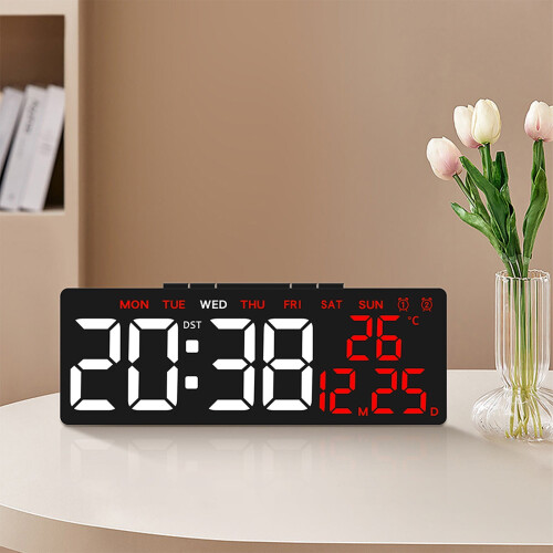 Digitale wekker met datum, temperatuur en dimbaar display.