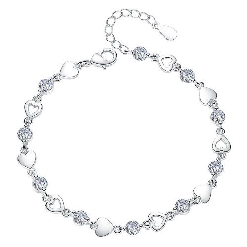 Crystal Heart Charm Bracelet 925 Sterling Silver