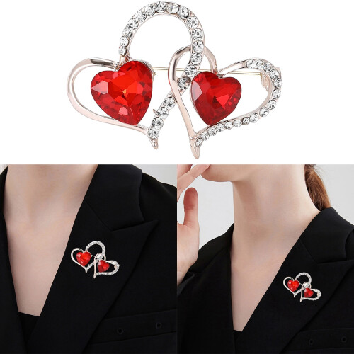 Broche double cœur en strass, alliage, 4,1 x 3 cm 1