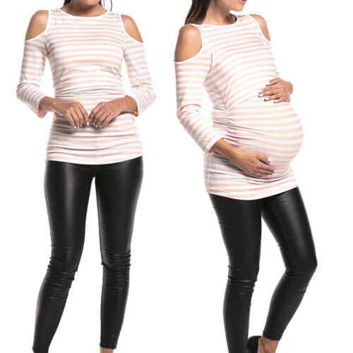 Striped Maternity Top Comfortable Cotton Blend Component-Red M 2