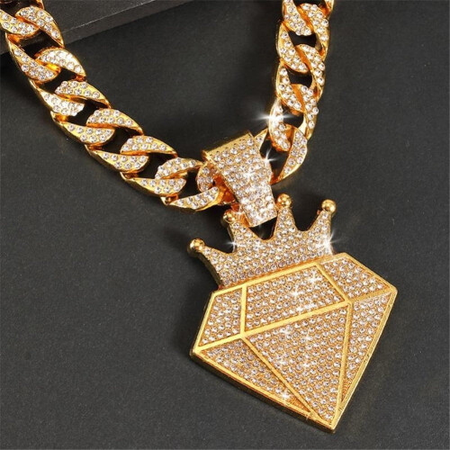 Κολιέ με μενταγιόν Crown για άνδρες και γυναίκες, κουβανέζικη αλυσίδα 15 χιλιοστών, 2