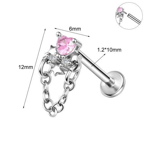 16g Labret-læbestift i rustfrit stål med cz - 10mm 2