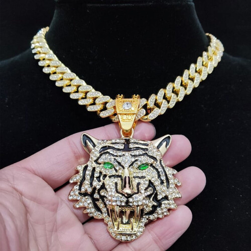 Κολιέ μενταγιόν 3D Tiger σε ασήμι ή χρυσό, κουβανέζικο 13 χιλιοστά 1