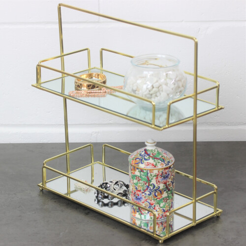 2 Tier Gold Golden Frame Mirror Caddy Bathroom Bath Essentials Display Organiser