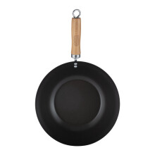 Non-Stick Wok Black Carbon Steel 28cm Induction Ergonomic Wooden Handle Cookware